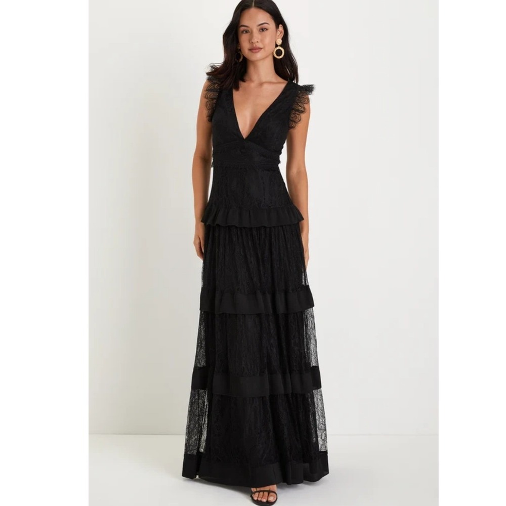 Lulus Marvelous Darling Black Lace Tiered Maxi Dress V-Neck Flutter Sleeve NWT L